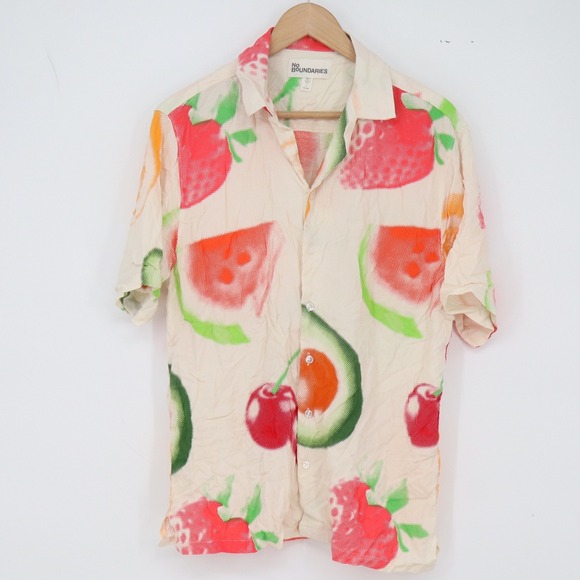 No Boundaries Other - No Boundaries Button-Down Shirt Mens S Fruit Print Cream Short Sleeve Excellent